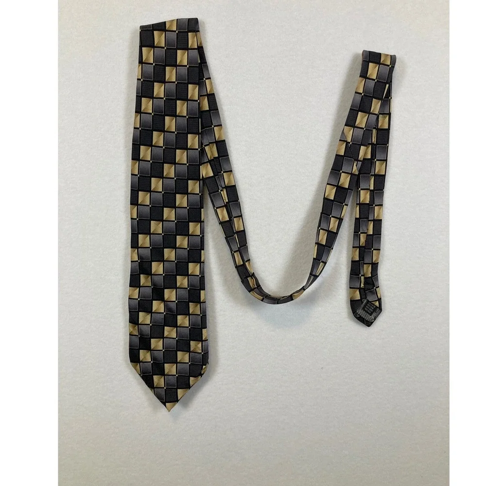 Knightsbridge Silk Tie Mens OS Gold Black Gray‎ Geometric Checkerboard Pattern